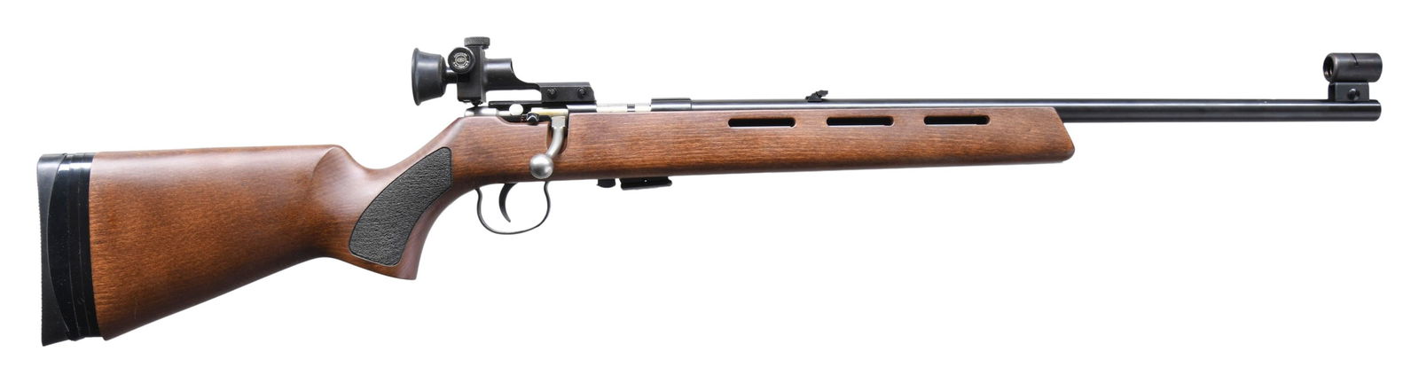 ANSCHUTZ ACHIEVER BOLT ACTION RIFLE.: Cal. 22 LR. S# 1398770. Bbl. 19.5" tapering .740" to .640" having grooved muzzle end with globe sight; factory target receiver sight mounted on grooved receiver plus folding leaf sight at rear of barr