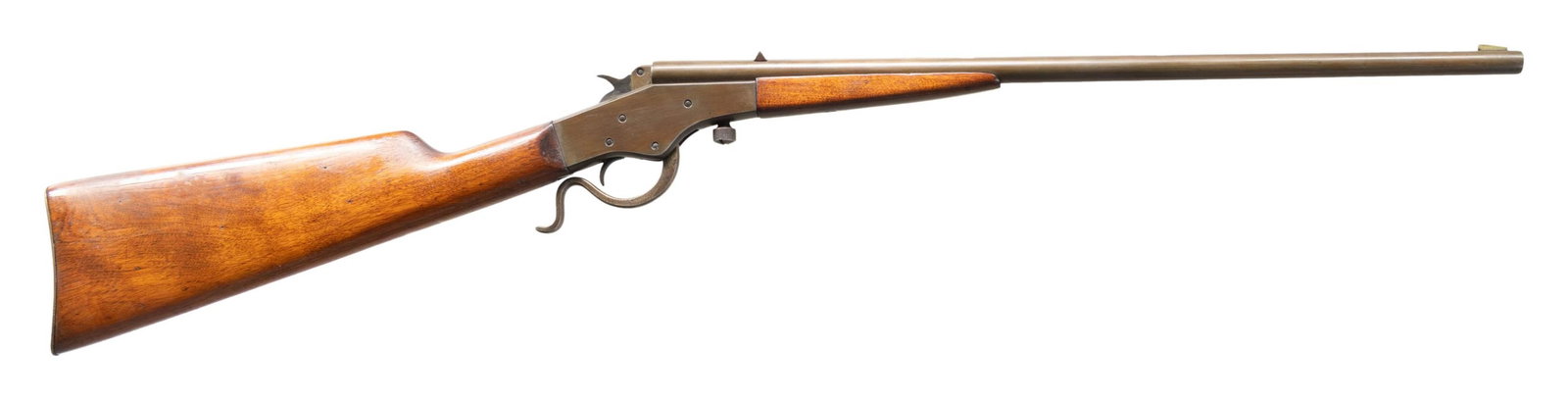 STEVENS CRACKSHOT 26 SINGLE SHOT RIFLE.: Cal. 22 LR. NSN. Bbl. 20" rnd. Blade front sight. Fixed rear sight. Hardwood stock. CONDITON: refinished stock has added varnish with a few cracks, some staining, dings & handling marks. Metal has a p