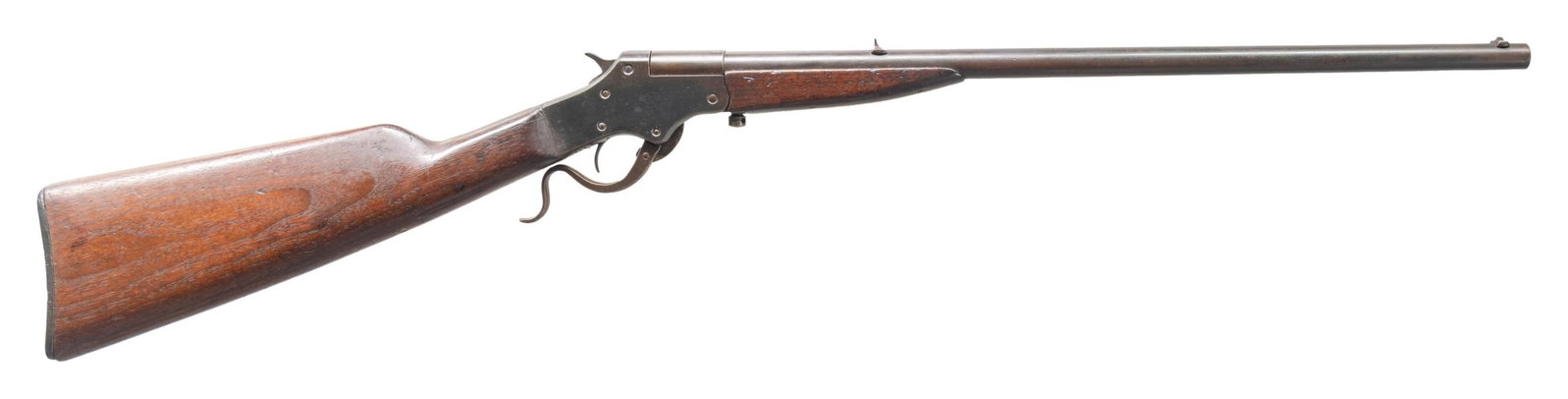 STEVENS MARKSMAN SINGLE SHOT RIFLE.: Cal. 25 Stevens. S# T101. Bbl. 20" rnd. Bead front sight that appears chipped at top. V-notch rear sight. Metal has old reblue finish. Hardwood stock. CONDITION: stock set has added varnish with a few