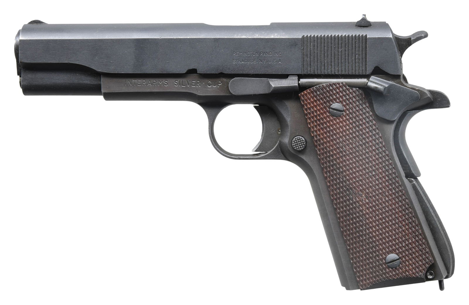 INTERARMS SILVER CUP 1911A1 SEMI AUTO PISTOL.: Cal. 45 ACP. S# SC0706. This pistol was produced by Interarms in Alexandria, VA by contracting for 1911A1 frames & assembled using GI surplus parts. This one has Remington Rand parts including High St