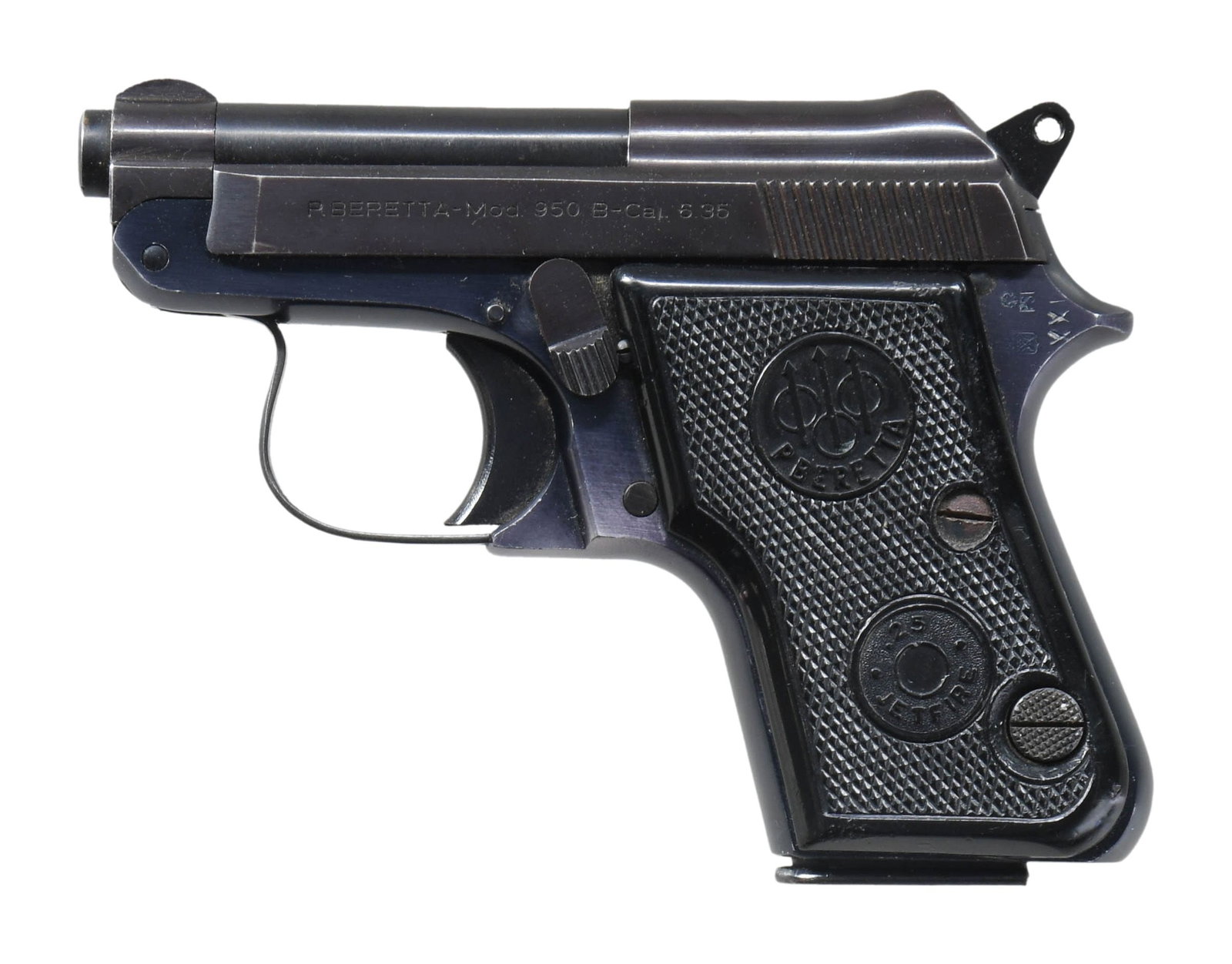 BERETTA 950B JETFIRE SEMI AUTO PISTOL.: Cal. 6.35mm (25 ACP). S# B58273. Bbl. 2 3/8". Blade front sight. Fixed rear sight. Mfr. 1965. Blued & anodized finishes. Checkered black grips with Beretta & ".25 JETFIRE" monograms. MAGS: 1-6 rd. CON