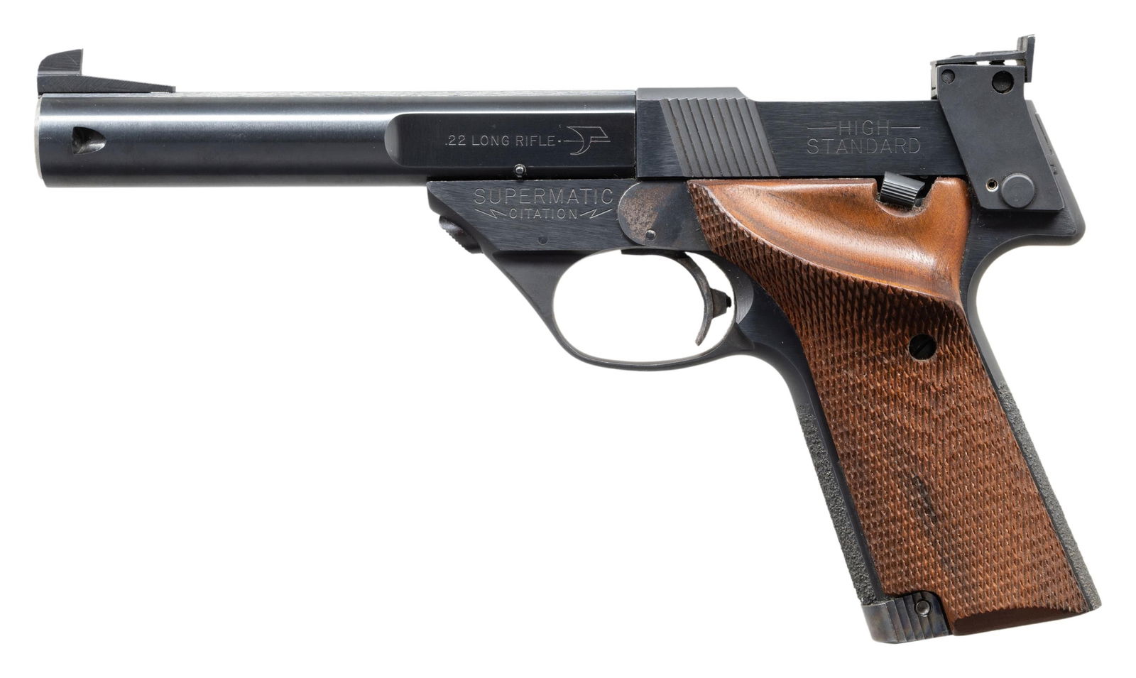 HIGH STANDARD MODEL 106 MILITARY SUPERMATIC: CITATION SEMI-AUTOMATIC PISTOL. Cal. 22 LR. S# 1907312. Bbl. 5 1/2". Model 106 Military Supermatic Citation semi-automatic pistol mfg. by High Standard. Left side of the bbl. is marked with the cal. d