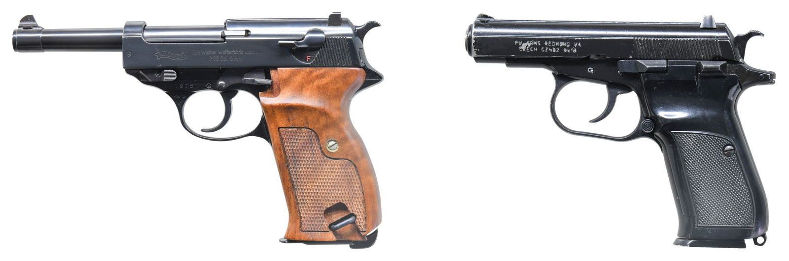 POST WAR WALTHER P.38 & CZ 82 SEMI AUTO PISTOLS.: 1) HIGH CONDITION POST-WAR WALTHER P.38. Cal. 9x19mm. S# 311978. Bbl. 4 7/8". Model P.38 semi-automatic pistol mfg. in West Germany by Walther in 1968 and subsequently imported by Interarms. Left side