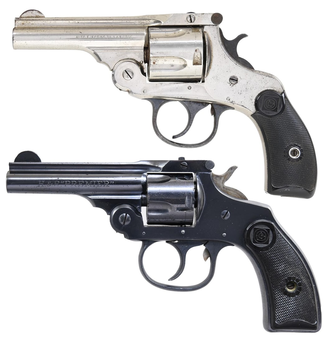LOT OF TWO H&R TOP BREAK DA REVOLVERS.: 1) H&R AUTO-EJECTING TOP-BREAK DA REVOLVER. Cal. 38 S&W. S# 174510. Bbl. 3 ¼". Round blade front sight. U-notch rear sight. Nickel finish with blued trigger guard, case colored trigger & hammer