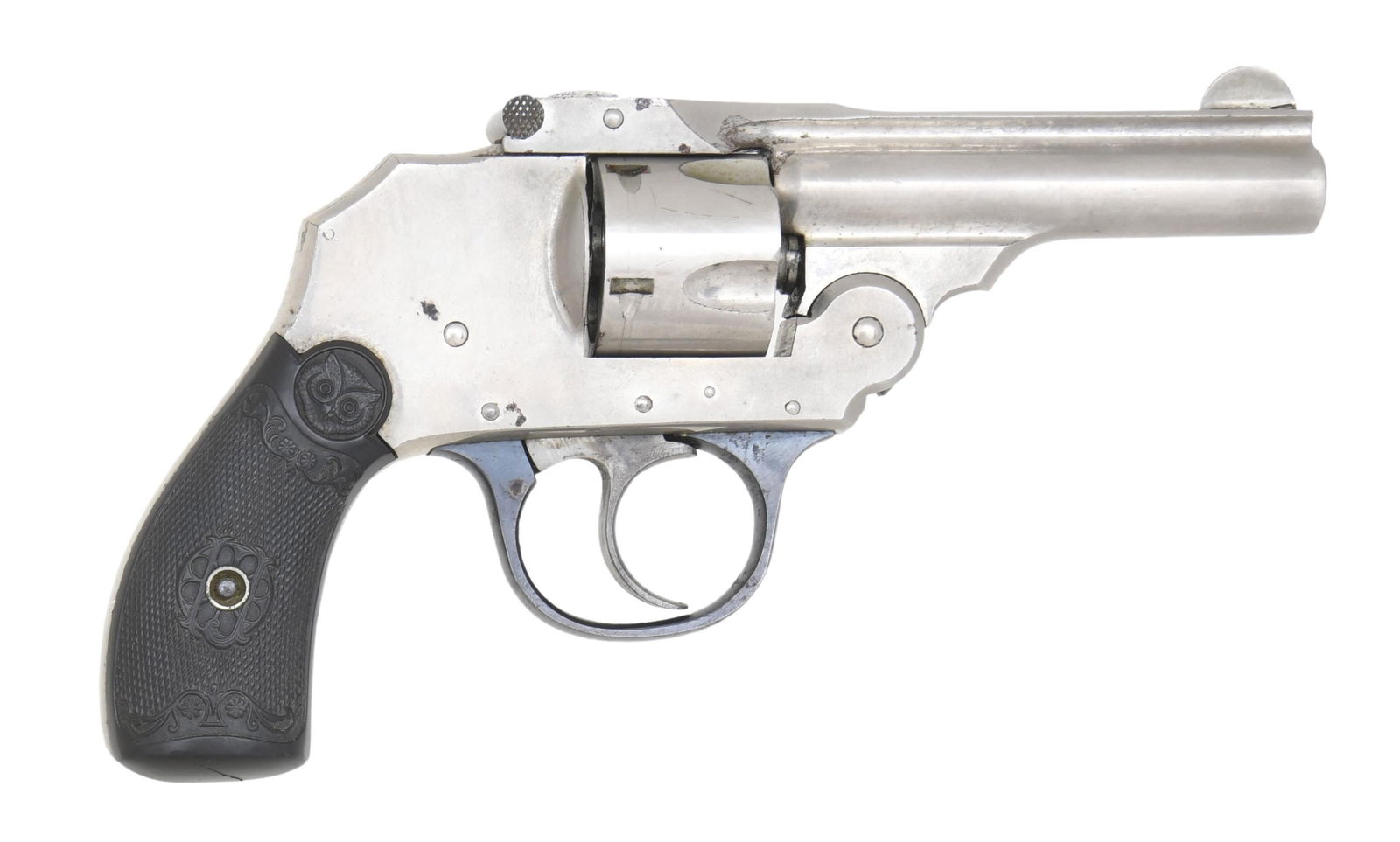IVER JOHNSON TOP BREAK DOUBLE ACTION REVOLVER.: Cal. 32 S&W. S# B79357. Bbl. 3". Hammerless top-break double action revolver mfg. by Iver Johnson. Top of the bbl. rib is marked with Iver Johnson's mfg. information. Butt is marked with patent inform