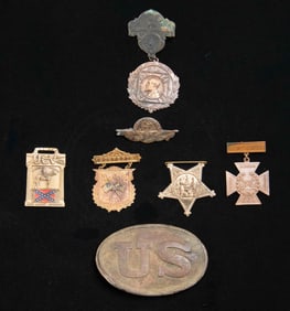 CIVIL WAR BOX PLATE AND UCV/GAR BADGES AND MORE.