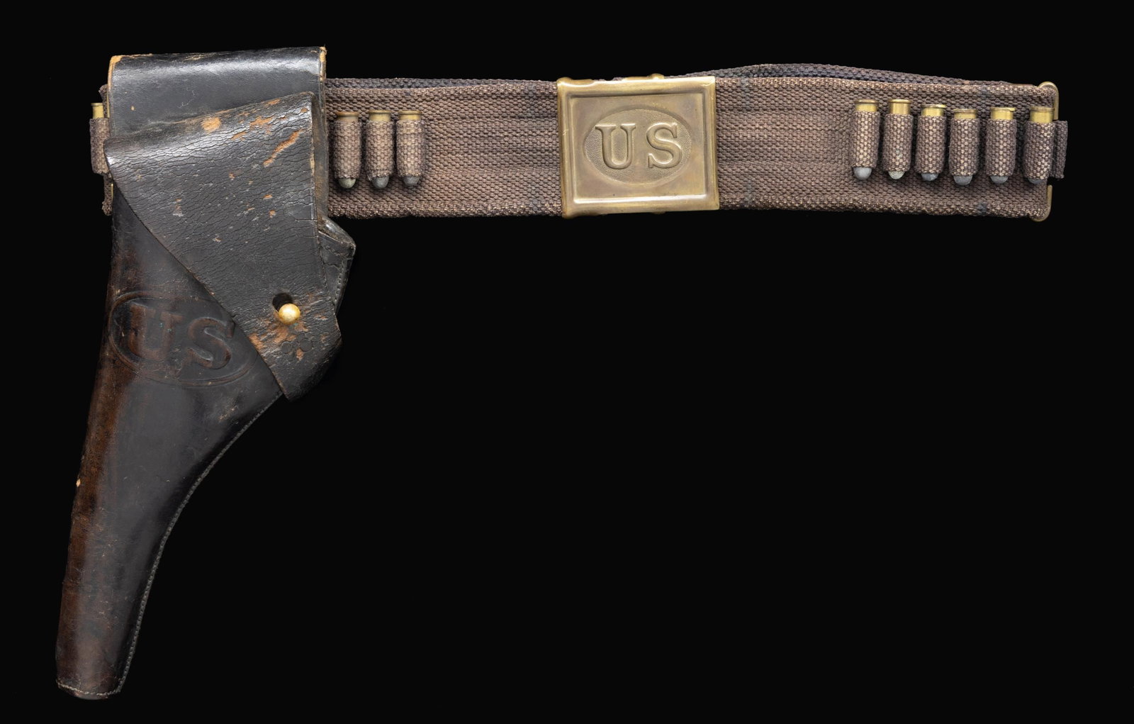 SCARCE US M1887 OFFICER'S CAVALRY CARTRIDGE BELT.: This difficult to find US Cavalry belt was termed " one of the scarcest of all later Cavalry belts " by noted author R. Stephen Dorsey. This blue web mills belt holds 45 38cal. cartridges and has a br