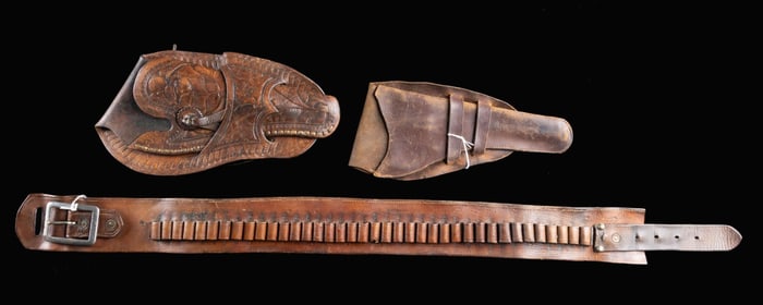 GOOD WESTERN BULLET BELTS & 2 SAA HOLSTERS.
