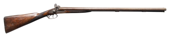BRITISH MORTIMER PERCUSSION HAMMER SXS SHOTGUN.