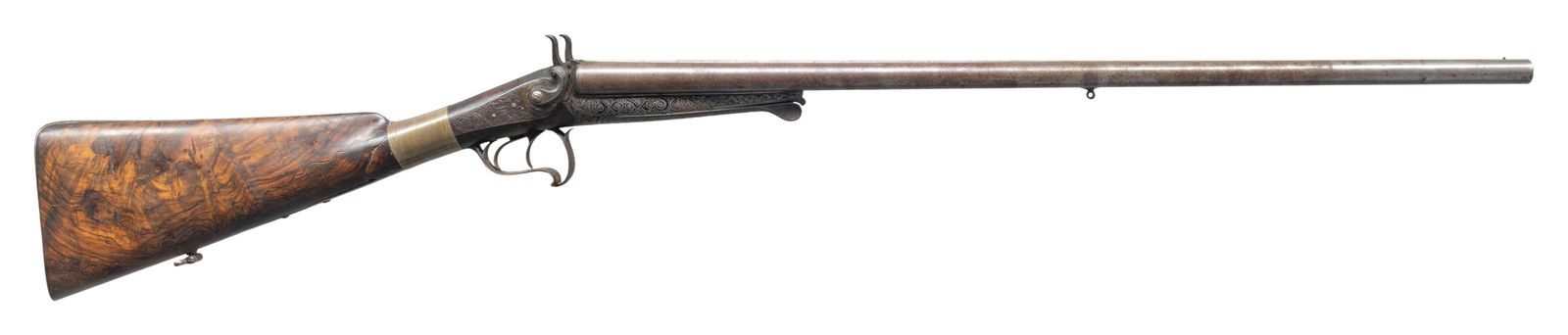 BELGIAN & BRITISH ANTIQUE UNDERLEVER SXS SHOTGUNS.: 1) BELGIAN ALPHONSE BERNARD ENGRAVED. Cal. 16 Ga., 2 3/4". S# 8006. The twist 27 3/8" bbls. has brass front post, concave game rib & pre 1893 Belgian proofs. Top rib has retailer engraving "Fr. P Devi