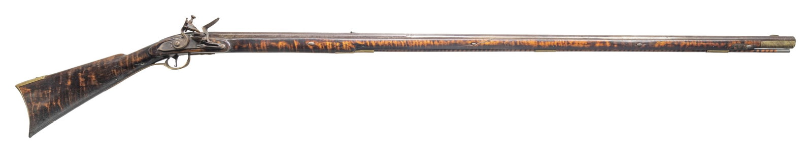 FLINTLOCK RECONVERSION KENTUCKY STYLE LONG RIFLE.: Cal. approx. 65. NSN. Bbl. 49" octagon to rnd. with a faceted transition and straight rifled bore. Top flat has barely visible markings that are indiscernible. Brass blade front sight with fixed V-not
