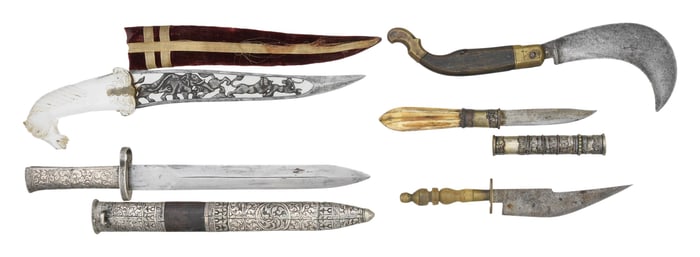 GROUP OF 5 ETHNIC KNIVES & STONE’S GLOSSARY.