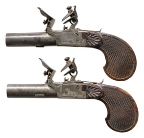 PAIR OF BELGIAN SCREW BARREL FLINTLOCK PISTOLS.