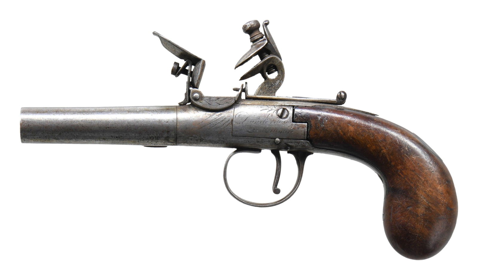 BRITISH SCREW BARREL FLINTLOCK PISTOL.: Cal. 45. NSN. Bbl. 2 91/6". Screw bbl. flintlock pistol produced by an unknown mfg. in England. Right side of the frame is engraved with a panoply of arms, with the left sideplate exhibiting a mostly