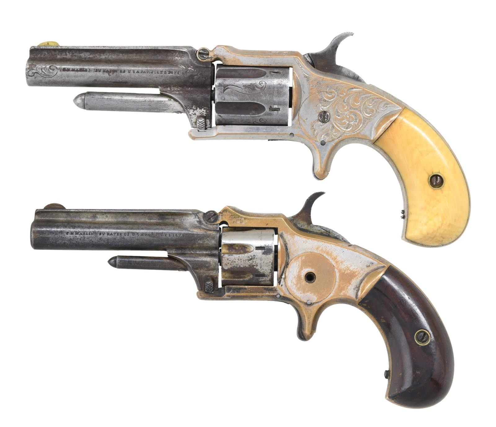 LOT OF TWO ANTIQUE MARLIN SA REVOLVERS.: This lot consists of the following Marlin spur trigger revolvers: 1) STANDARD 1875 REVOLVER. Cal. 32 RF. S# 3729 (UNDER GRIPS). Bbl. 3". Round blade front sight. Nickel finish. Brass frame with vine e
