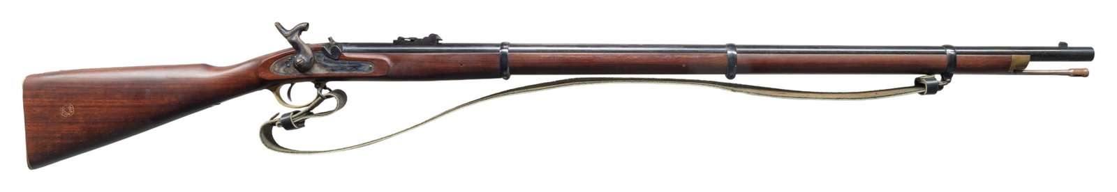 ITALIAN PARKER HALE ENFIELD 1853 RIFLE-MUSKET.: Cal. 58. S# 36351. Repro. of Civil War era Enfield 1853 Pattern Rifle-Musket. Bbl. 39". Barleycorn front sight & tangent rear sight. Blued barrel & bands. Case colored lock & hammer. Walnut musket sto