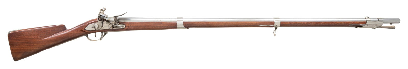 ITALIAN PEDERSOLI REPRO. 1766 CHARLEVILLE MUSKET.: Cal. 69. S# ET04571. Mfg. 1999 as repro. of Revolutionary War era French Charleville 1766 musket. In the white metal finish with 44.62" bbl. 3 Barrel band walnut musket w/ trumpet tip ramrod. CONDITIO