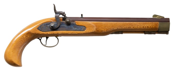 SPANISH JUKAR PERCUSSION PISTOL WITH STAND.