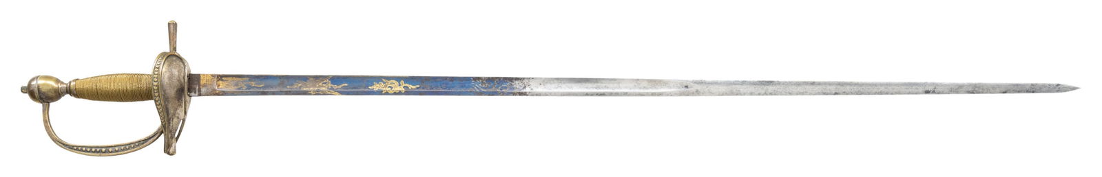 EUROPEAN GENERAL OFFICER SWORD.: A fine example of a late 18th or early 19th century sword likely for a general officer. The sword measures 35 1/2" overall with a 29 1/2" blade that is decorated with gilded etching on a blued field.