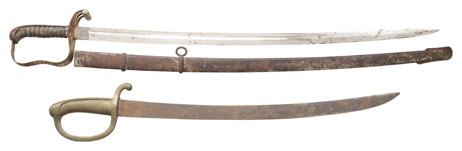 2 EUROPEAN SWORDS.: 1) This sword may be of German origin and measures 36 1/2" overall with a 30" blade. The plain blade has a marking at the ricasso that appears to be German with the dates 1878-1898. Plain sheet iron g