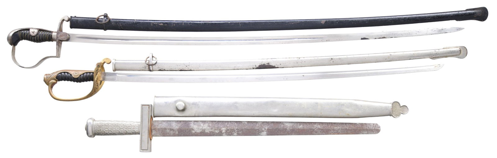 3 FOREIGN SWORDS.: 1) JAPANESE. A Japanese army officer’s parade saber measuring 35 3/4" overall with a 29 1/8" blade. The plain blade has a single narrow fuller. Gilded brass hilt with a pierced guard and 10-petal ch
