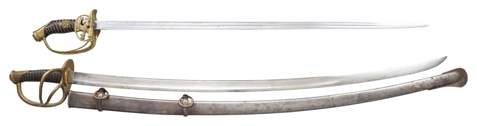 CIVIL WAR IMPORT CAVALRY SABER AND GERMAN SWORD.: 1) CAVALRY SABER. A very good example35 3 of a Civil War era imported M1840 style enlisted cavalry saber measuring 43 1/2" overall with a 35 3/8" plain blade. The blade has no maker's marks and shows 