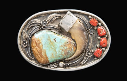 "LIL' BEAVER" SIGNED SILVER NAVAJO TURQUOISE, RED