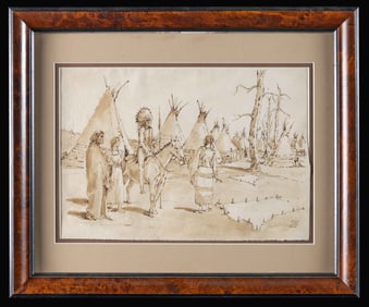 INK SKETCH OF A NATIVE AMERICAN ENCAMPMENT.