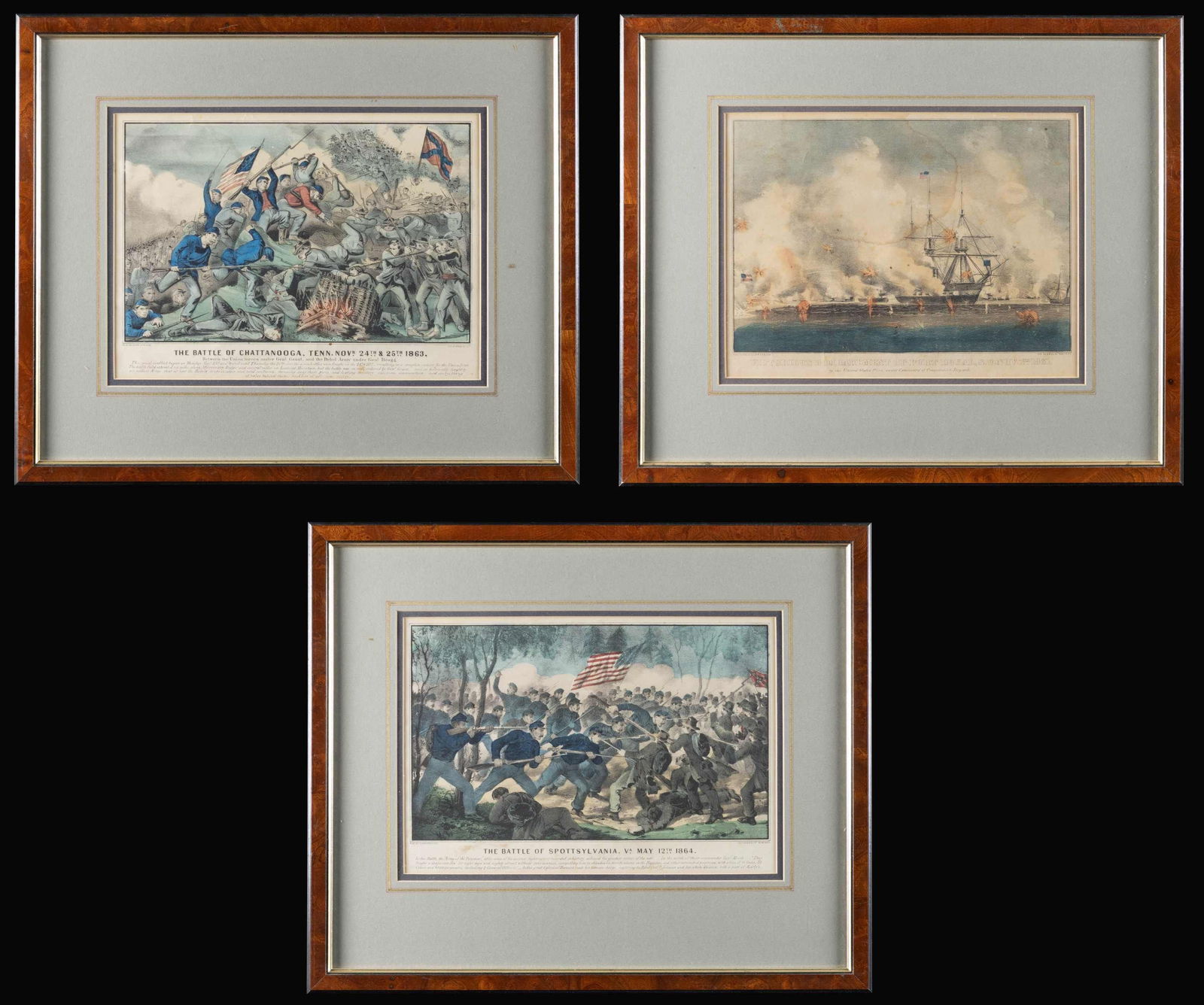 LOT OF 3 FRAMED CURRIER & IVES CIVIL WAR PRINTS &: FRAMED PRINT OF CONFEDERATE GENERAL ROBERT E. LEE. 1) Lot of 3 framed Currier & Ives Civil War prints, including: 1) "THE BATTLE OF SPOTTSYLVANIA, VA. MAY 12TH 1864". 2) "THE BATTLE OF CHATTANOOGA, TE