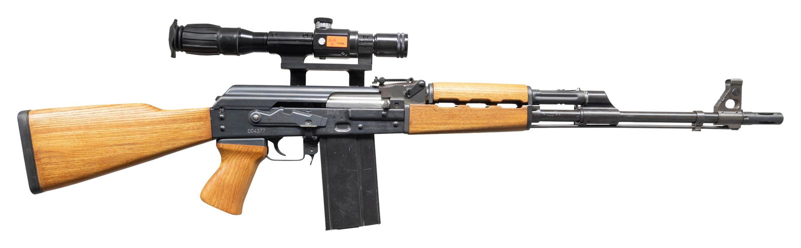 ZASTAVA / MITCHELL ARMS AK-47 7.62X51MM: SEMI-AUTOMATIC RIFLE WITH SCOPE. Cal. 7.62x51mm. S# 004377. Bbl. 19 5/8". AK-47 semi-automatic rifle mfg. in Yugoslavia by Zastava and imported by Mitchell Arms. Left side of the stamped receiver is m
