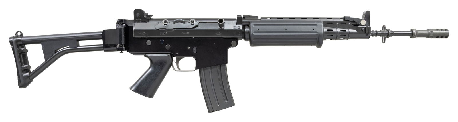 PRE-BAN SUPER CLEAN BELGIUM FN FNC556 WITH FOLDING: STOCK. Cal. 223 Rem. S# FN023336. Bbl. 19" over brake. One of the cleanest FNC Sporter Rifles this cataloger has yet to encounter. It is still in the factory styrofoam box insert, wearing trigger hang