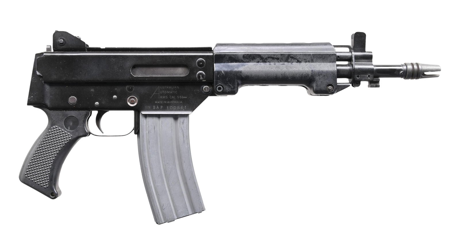 VERY RARE AUSTRALIAN AUTOMATIC ARMS SAP SEMI AUTO: PISTOL. Cal. 5.56 S# SAP100861. Bbl. 11". A scarcely found example of an entire industry that ceased normal operations, following wide, sweeping over-regulation in 1996 in Australia. Originally manufa