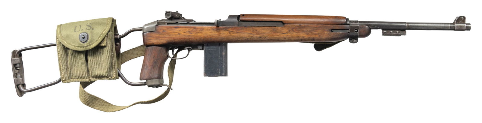 U.S. WWII INLAND M1A1 SEMI-AUTO PARATROOP CARBINE.: Cal. 30 Carbine. S# 5127360. Bbl. 18". Barrel is marked behind front sight "INLAND MFG. DIV. / GENERAL MOTORS / 4-44". Milled adjustable aperture rear sight marked with "H" in shield. Blade front sigh