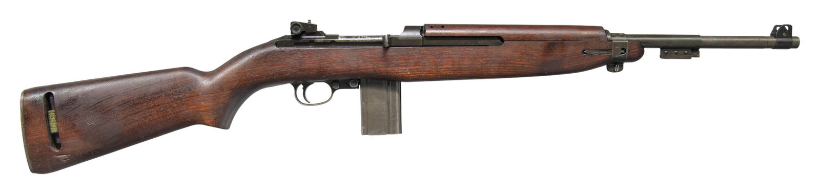 U.S. WWII INLAND M1 SEMI-AUTO MILITARY CARBINE.: Cal. 30 Carbine. S# 6653156. Bbl. 18". Barrel marked behind front sight "UNDERWOOD / 4-44 / flaming bomb". Milled & adjustable rear sight marked "PI". Blade front sight w/ protective ears. Sight base