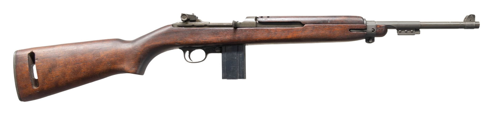 U.S. WWII WINCHESTER M1 SEMI-AUTO MILITARY CARBINE: Cal. 30 Carbine. S# 6616168. Bbl. 18". Marked on top w/ "WP" in oval. Milled adjustable rear sight staked in place. Marked on right side w/ "H" in shield. Blade front sight w/ protective ears. Wide ba