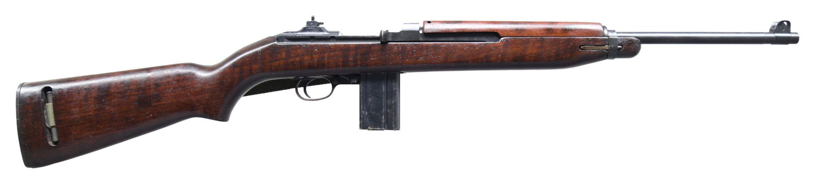 U.S. WWII WINCHESTER M1 SEMI-AUTO MILITARY CARBINE: Cal. 30 Carbine. S# 5617479. Bbl. 18". Bbl. is marked on top at midpoint "W" & is marked near forend tip w/ "WP" proof. Flip-type rear sight is unmarked. Blade front sight w/ protective ears. Narrow b