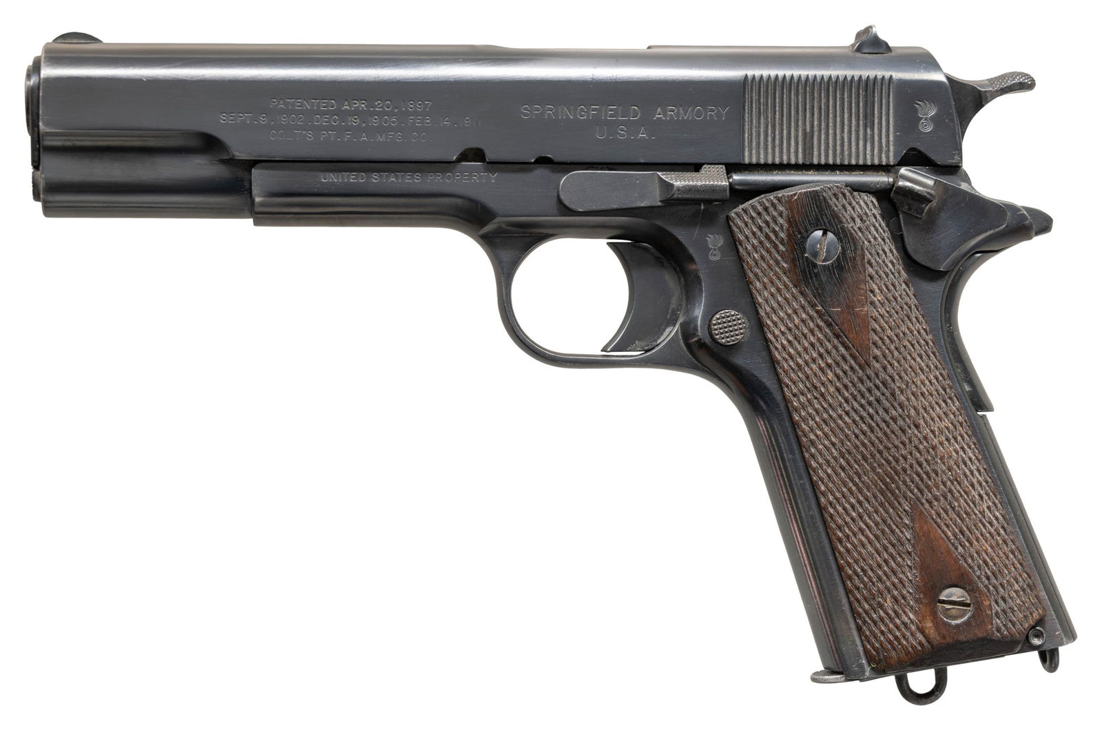 SPRINGFIELD ARMORY WWI U.S. ARMY M1911 SEMI AUTO: PISTOL. Cal. 45 ACP. S# 117039. Mfg. 1915 within S# range 113,497-120566. Based on "U.S. Pistols & Revolvers 1909-1945" by J.C. Harrison, appears to have all correct era parts including Springfield 5"