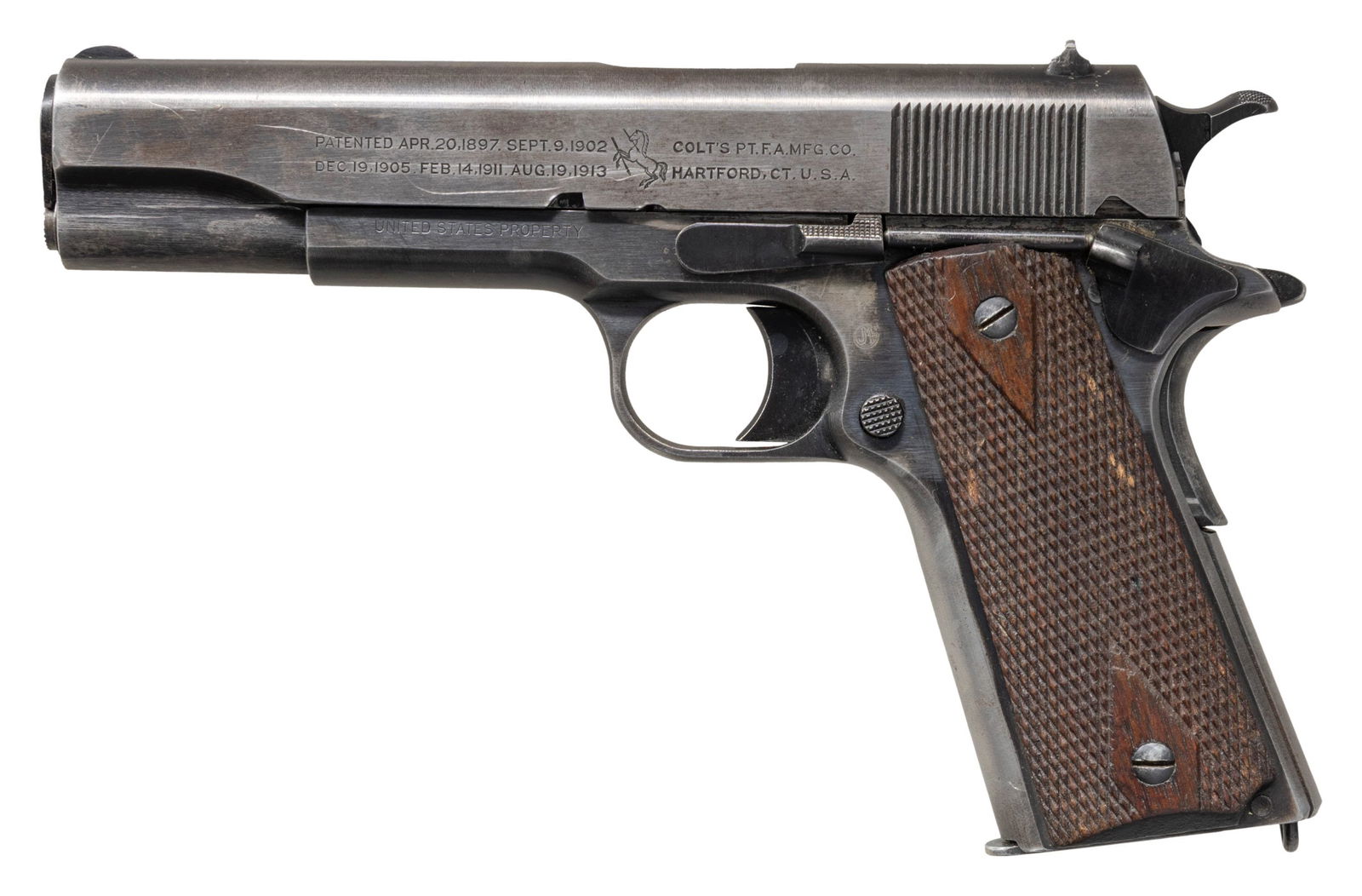 1918 COLT MODEL 1911 U.S. ARMY SEMI AUTO PISTOL.: Cal. 45 ACP. S# 302791. Mfg. 1918 w/in S# range 223,601-580,600. Per, "U.S. Pistols & Revolvers 1909-1945" by J.C. Harrison, this pistol has most correct parts; 5" barrel appears Colt, however is stam
