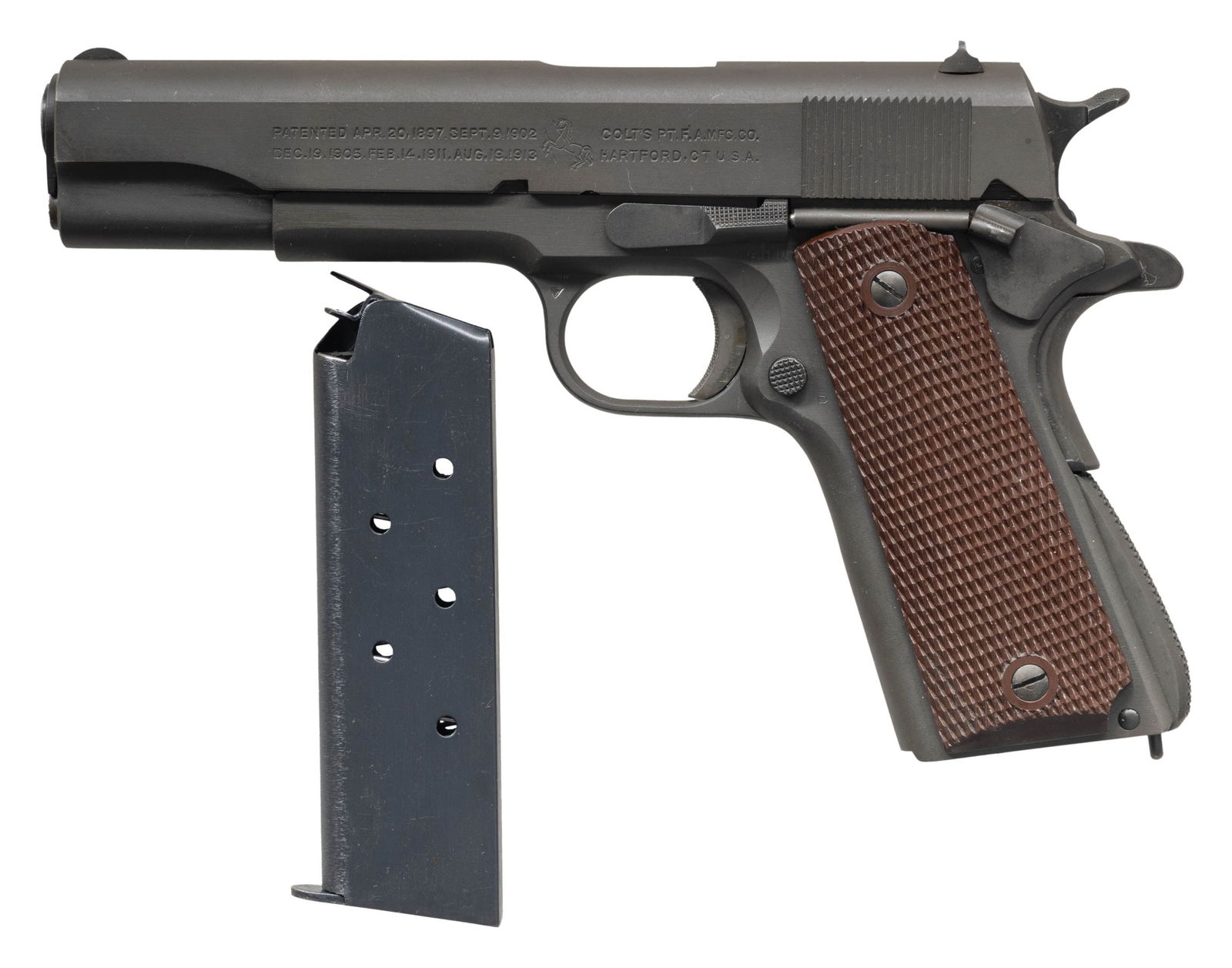REMARKABLE, 1943 COLT U.S. ARMY M1911A1 SEMI AUTO: PISTOL. Cal. 45 ACP. S# 885825. Mfg. 1943 within S# range 856,101-958,100. Has all correct parts including Type 6 Colt 5" barrel, matching numbered slide having Type B front sight & Type B U notch rea