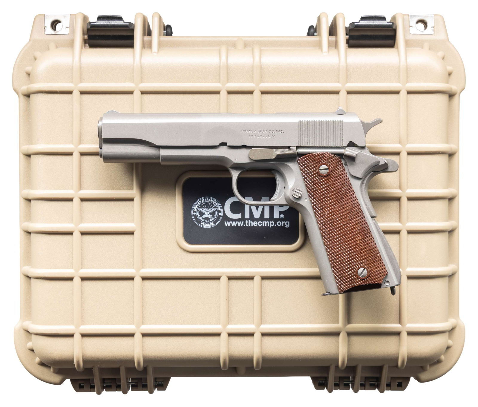 CMP SERVICE GRADE ARSENAL REBUILT U.S. M1911A1: SEMI AUTO PISTOL. Cal. 45 ACP. S# 740588. Left side of Colt frame stamped "ANAD 3 78" indicates March 1978 Anniston Army Depot rebuild; pistol assembled using Ithaca slide & Colt frame. Post WWII Colt