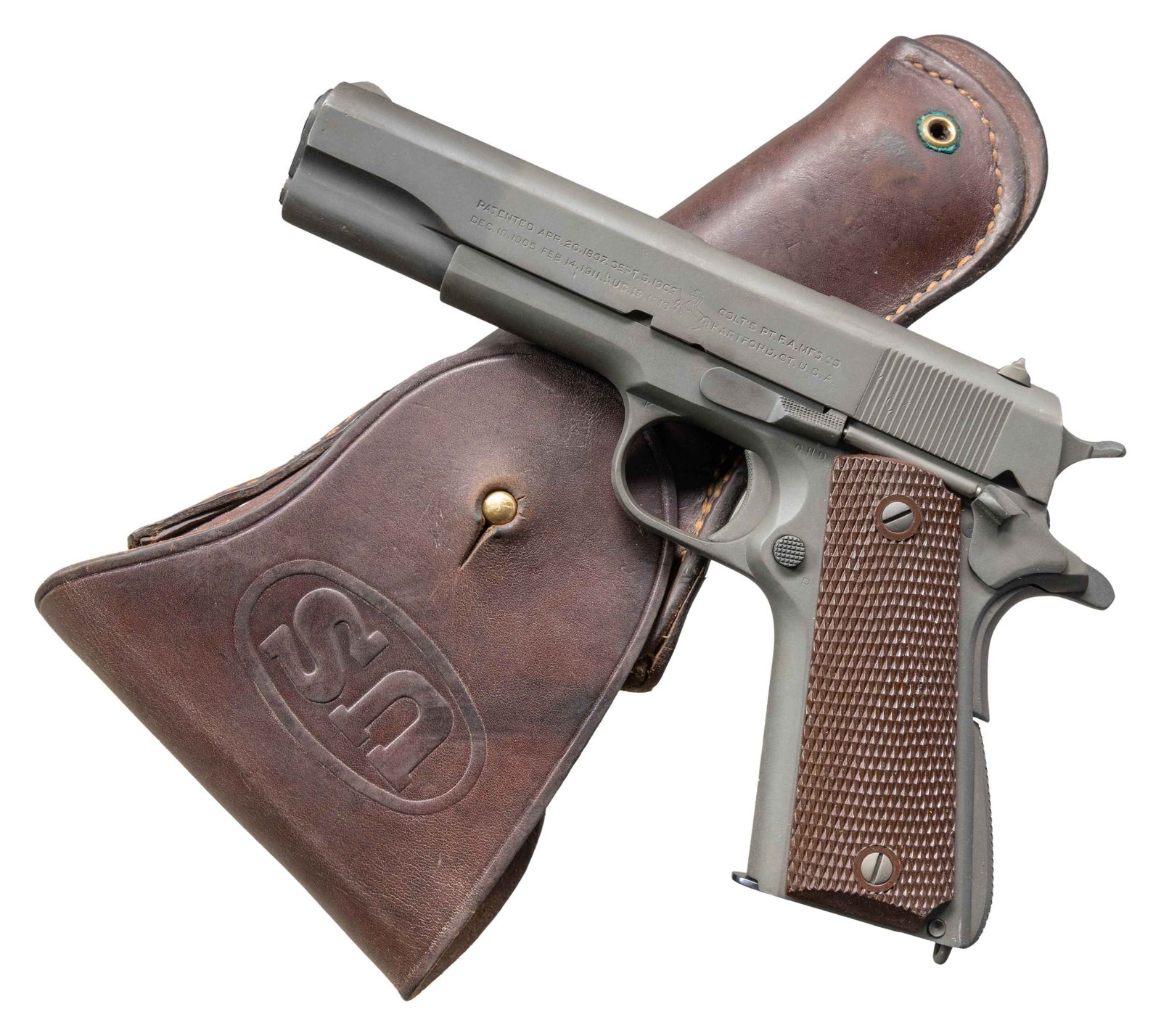 COLT 1911A1 SEMI AUTO PISTOL & 1942 BOYT HOLSTER.: Cal. 45 ACP. S# 942138. Mfg. 1943. Appears to have correct era parts including Colt 5" barrel, matching numbered slide & Coltwood grips. MAGS: 1 reblued 7 rd. UNATACHED ACCESSORIES: brown leather Boyt