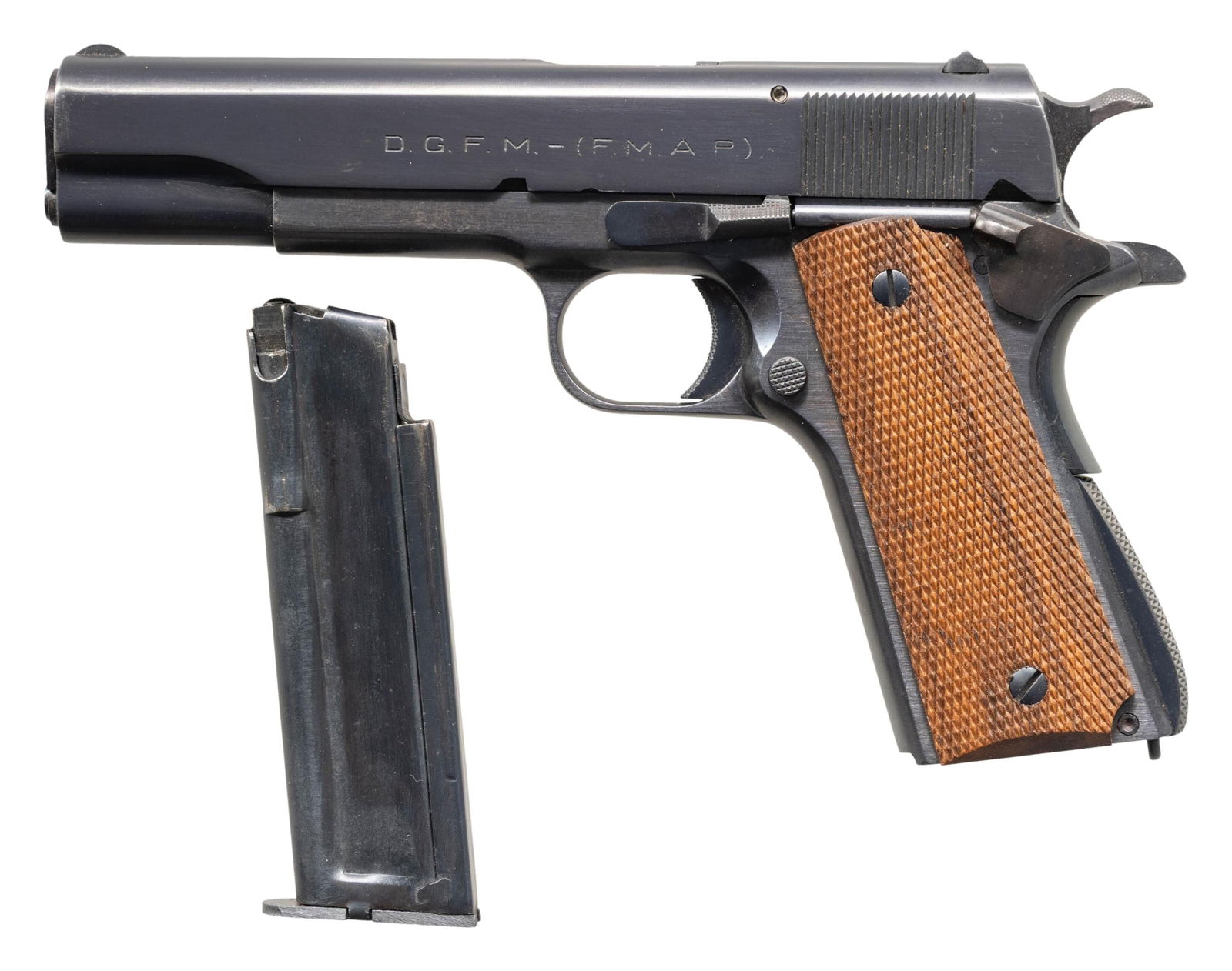 ARGENTINE F.M.A.P. SISTEMA 1927 .22 LR BUENOS: AIRES POLICE SEMI AUTO PISTOL. Cal. 22 LR. S# 103213. Pistol originally mfg. 1959. There were 2 companies, Venturini & Macarti, that converted Police Argentine 1927 Sistema .45 pistols to 22 LR utiliz