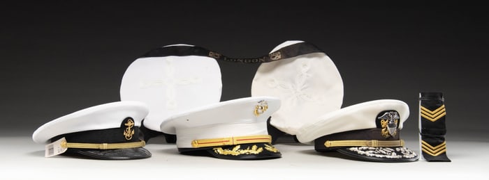 3 US NAVY AND US MARINE CORPS OFFICER HATS & MORE.