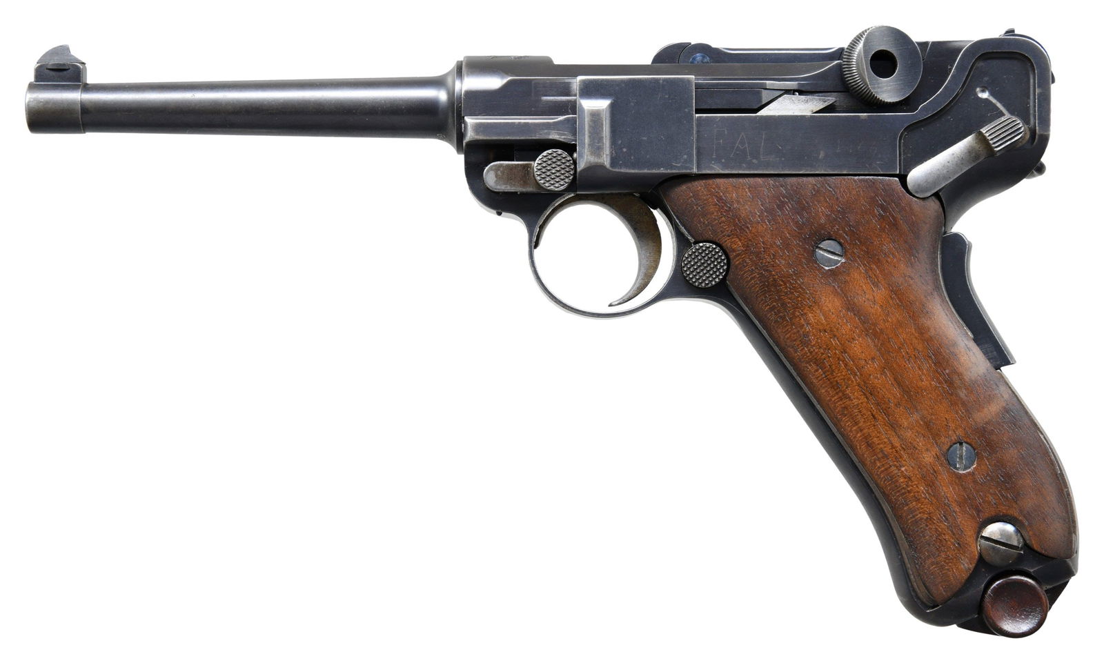 DWM MODEL 1900 AMERICAN EAGLE LUGER SEMI-AUTOMATIC: PISTOL WITH IDEAL GRIPS. Cal. 7.65x21mm Parabellum. S# 18369. Bbl. 4 3/4". Model 1900 American Eagle Luger mfg. by DWM for commercial sales within the United States. The top of the bbl. extension is m