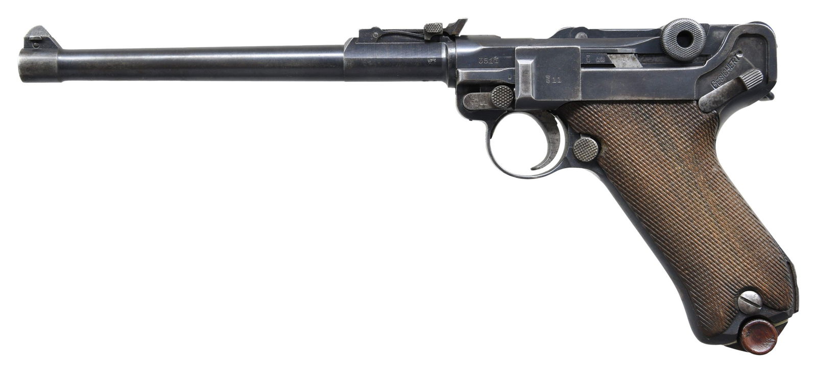 EARLY IMPERIAL GERMAN ERFURT "1914" DATE LP.08: LUGER SEMI-AUTOMATIC PISTOL. Cal. 9mm Luger. S# 3511. Bbl. 7 7/8". LP.08 Luger semi-automatic pistol mfg. by Erfurt in early 1914 for the Imperial German military. The top of the bbl. extension is mar