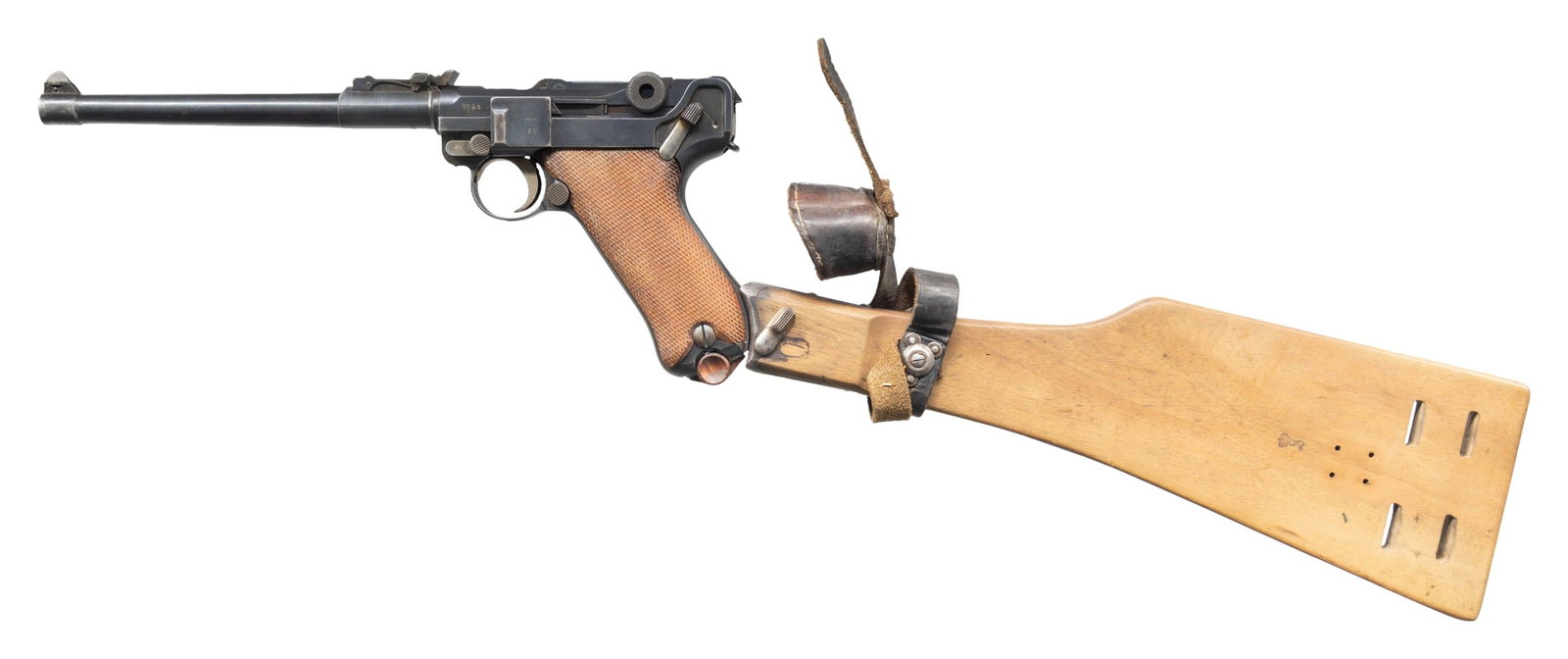 GERMAN WWI DWM "1917" DATE LP.08 LUGER: SEMI-AUTOMATIC PISTOL WITH STOCK & HOLSTER. Cal. 9mm Luger. S# 7969. Bbl. 7 7/8". LP.08 Luger semi-automatic pistol mfg. by DWM under contract for the Imperial German military. Top of the bbl. extensi