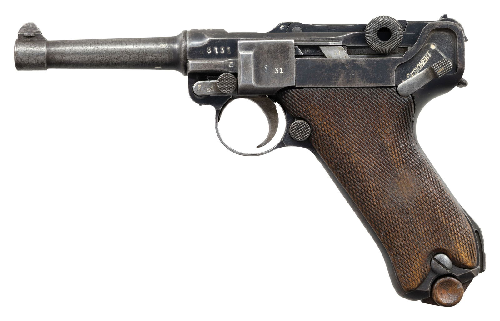 INTRIGUING UNIT MARKED "1920/1918" DOUBLE DATE: ERFURT P.08 LUGER SEMI-AUTOMATIC PISTOL WITH SCAN OF CAPTURE PAPERWORK. Cal. 9x19mm. S# 8131t. Bbl. 3 15/16". P.08 Luger semi-automatic pistol mfg. by Erfurt in 1918 and retained under the Treaty of V