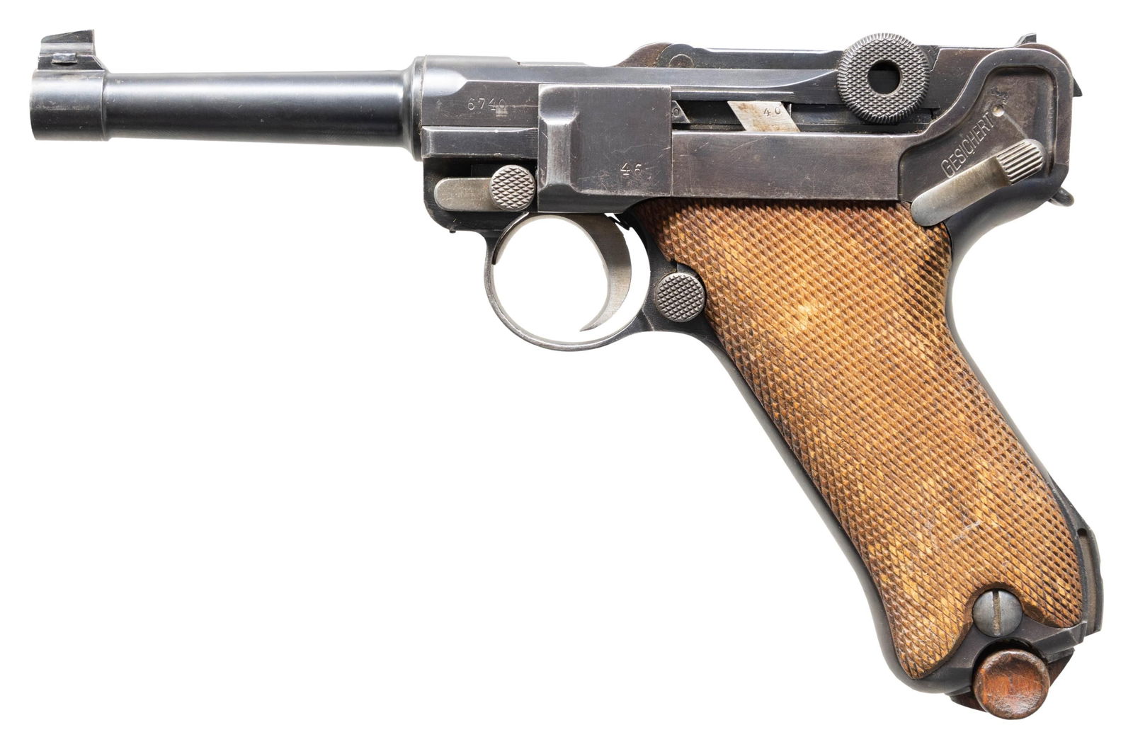 RARE FINNISH M/23 LUGER SEMI-AUTOMATIC PISTOL.: Cal. 30 Luger. S# 6740e. Bbl. 3 15/16". As the result of praise from Finnish volunteers that served in the German army during WWI and dissatisfaction found with the domestically designed Ahlberg pisto