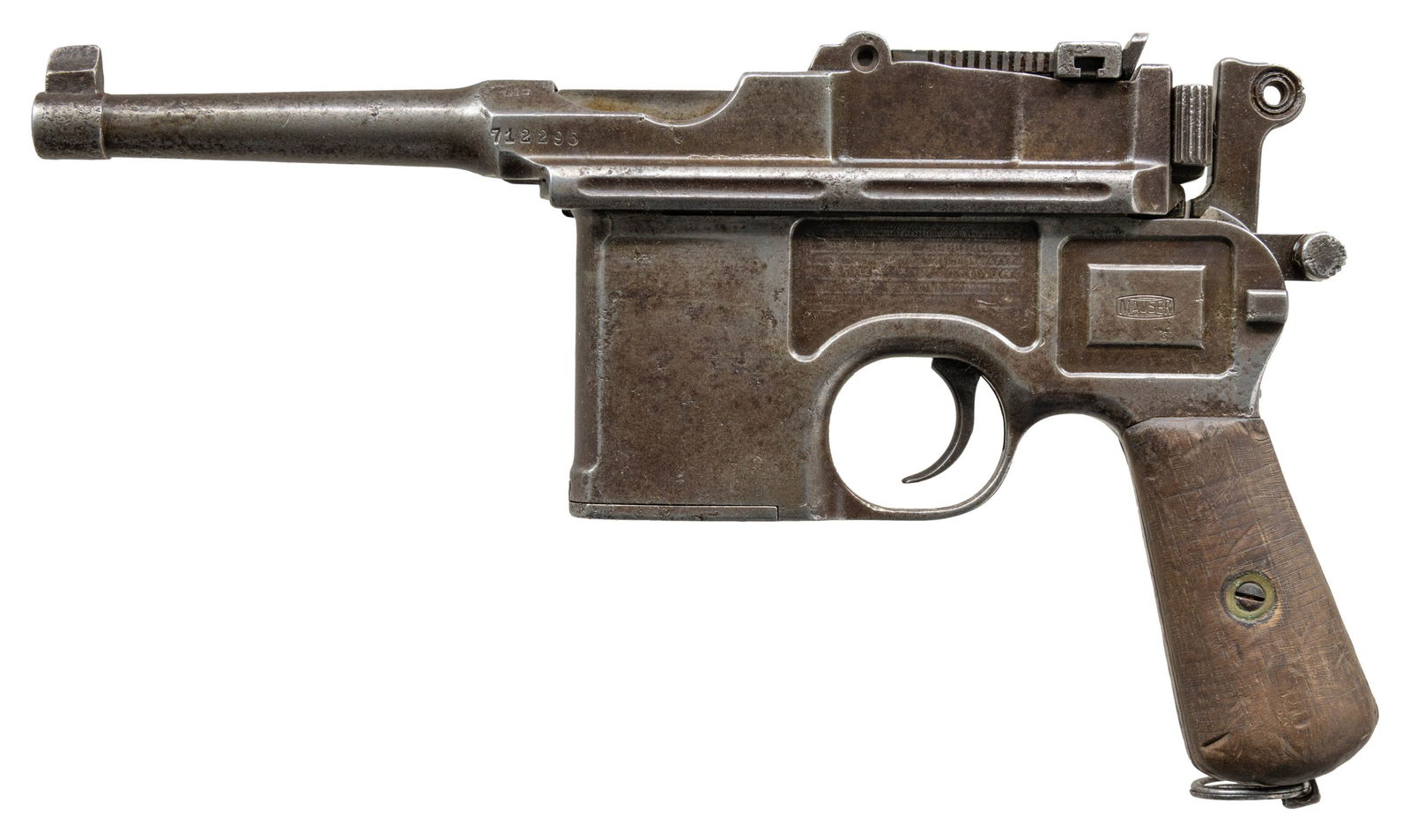 MAUSER C96 BOLO SEMI-AUTOMATIC PISTOL.: Cal. 7.63mm. S# 712295. Bbl. 3 7/8". C96 Bolo semi-automatic pistol mfg. by Mauser. Breech flats exhibit standard markings, with the S# marked on the left. Left side of the frame is marked with the sm