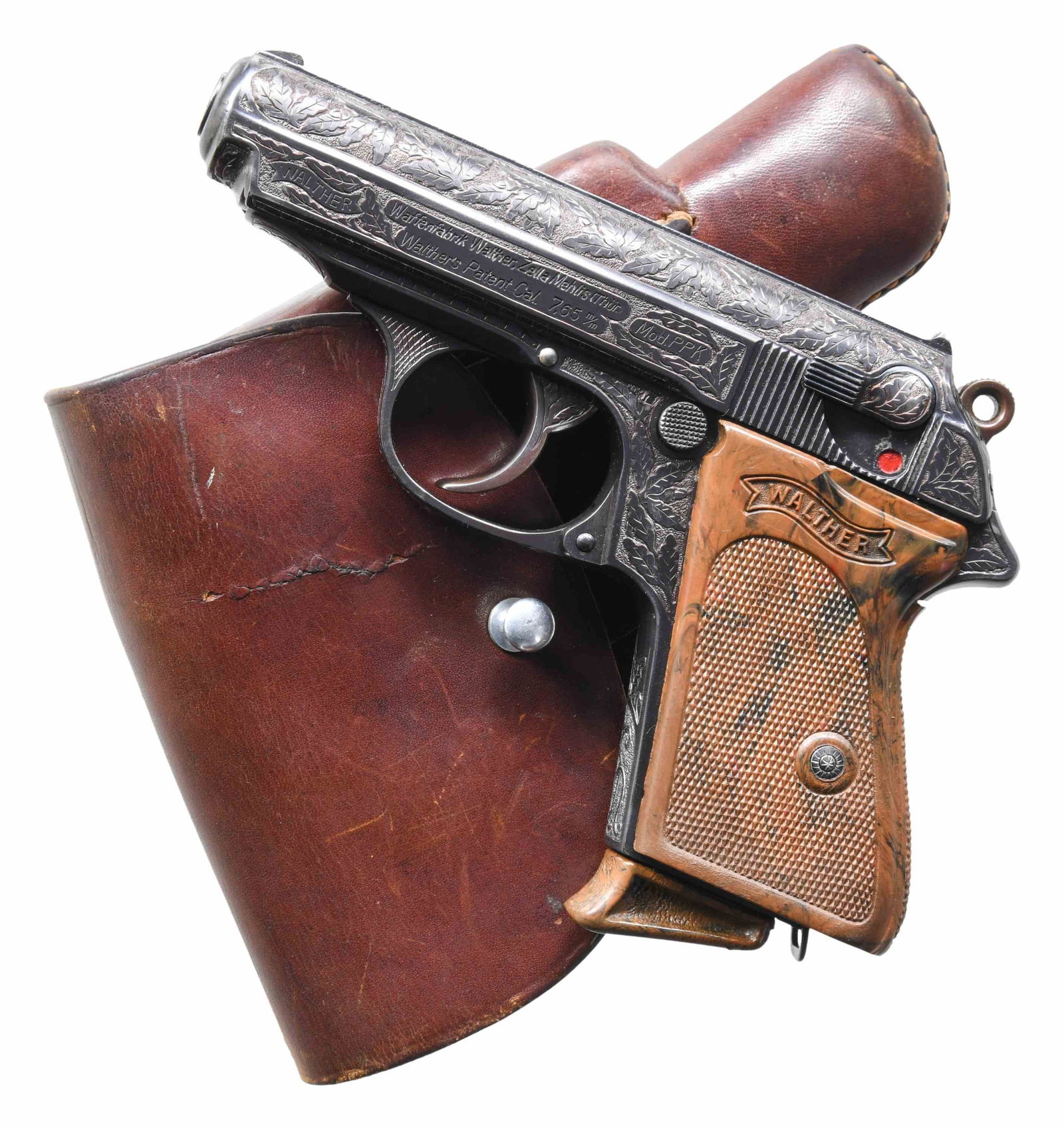 HIGHLY ENGRAVED WALTHER MODEL PPK WITH: LUFTWAFFE PHOTOS & DOCUMENT. Cal. 7.65mm. S# 822222. Bbl. 3 1/4". Model PPK semi-automatic pistol mfg. by Walther circa. 1934. Left side of the slide is marked with the Walther banner logo, followed b